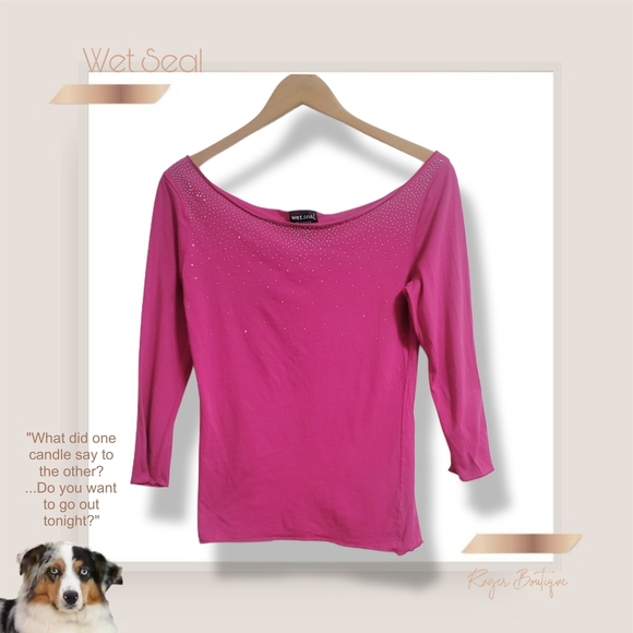 🌿Wet Seal Women’s Large Hot Pink Bedazzled Top Scoop Neck 3/4 Sleeve Cotton Y2K - Picture 9 of 10